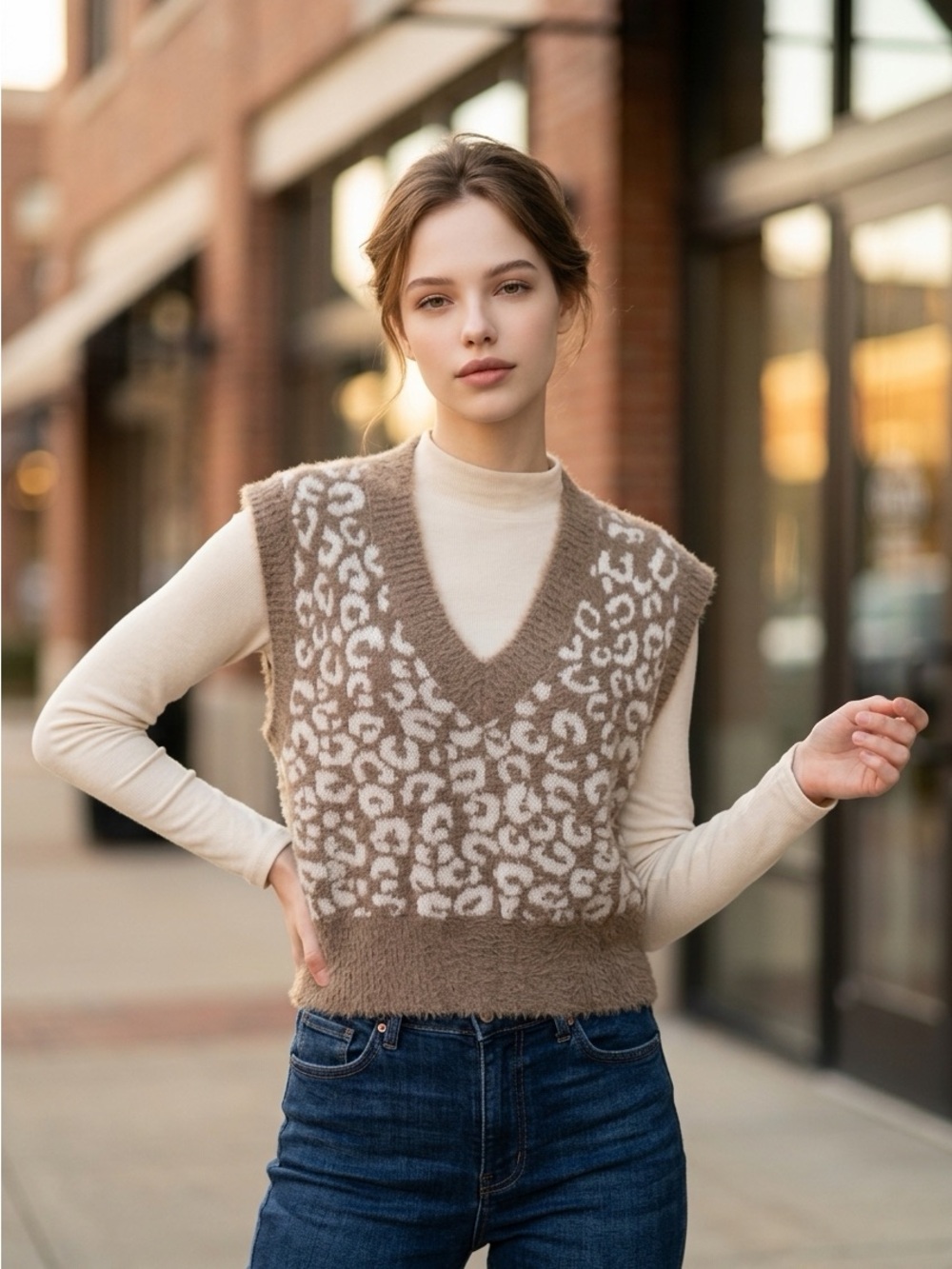 Jessica Simpson Small Fuzzy Knit Animal Print Sweater Vest Slveless Taupe White